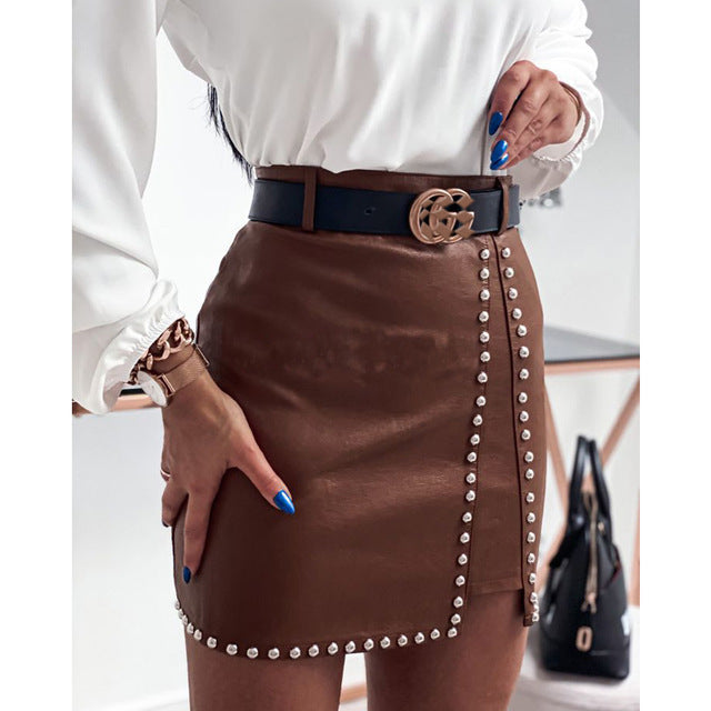 Elegant Rivet PU Leather Skirt