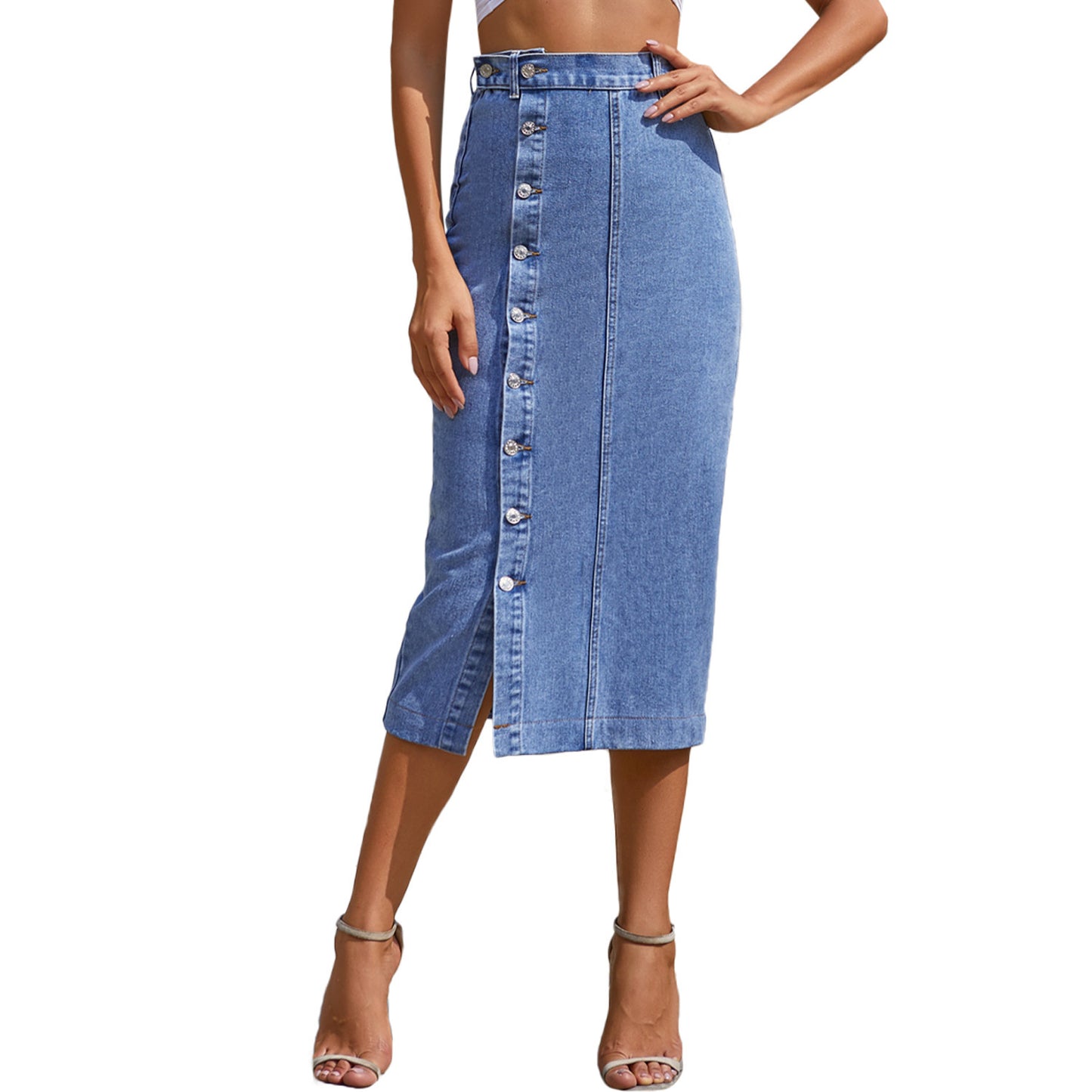 Women’s High Waist Denim Skirt with Button Slit