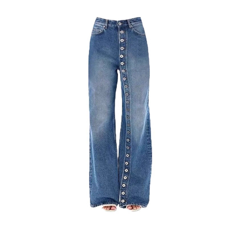 American-Style Retro Washed Straight Jeans – Button Front