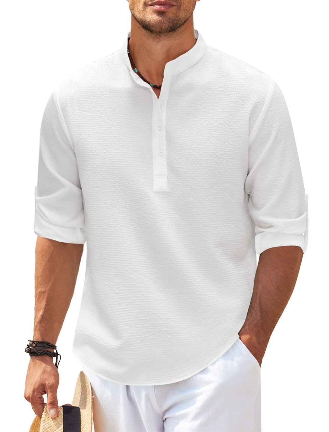 Men's Solid Color Long Sleeve Stand Collar Shirt