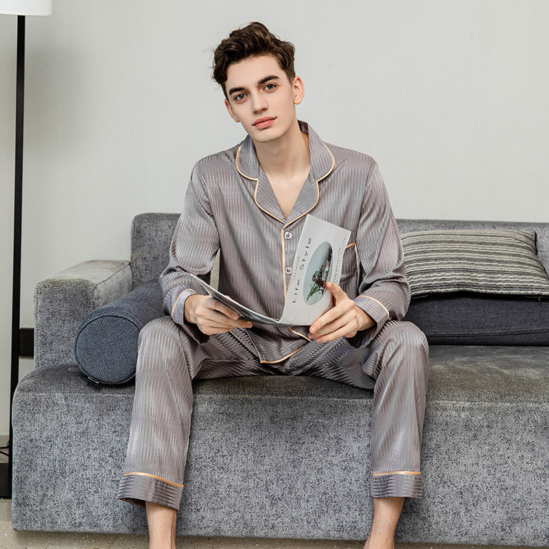 Men’s Ice Silk Pajamas Set – Long Sleeve & Trousers Nightwear