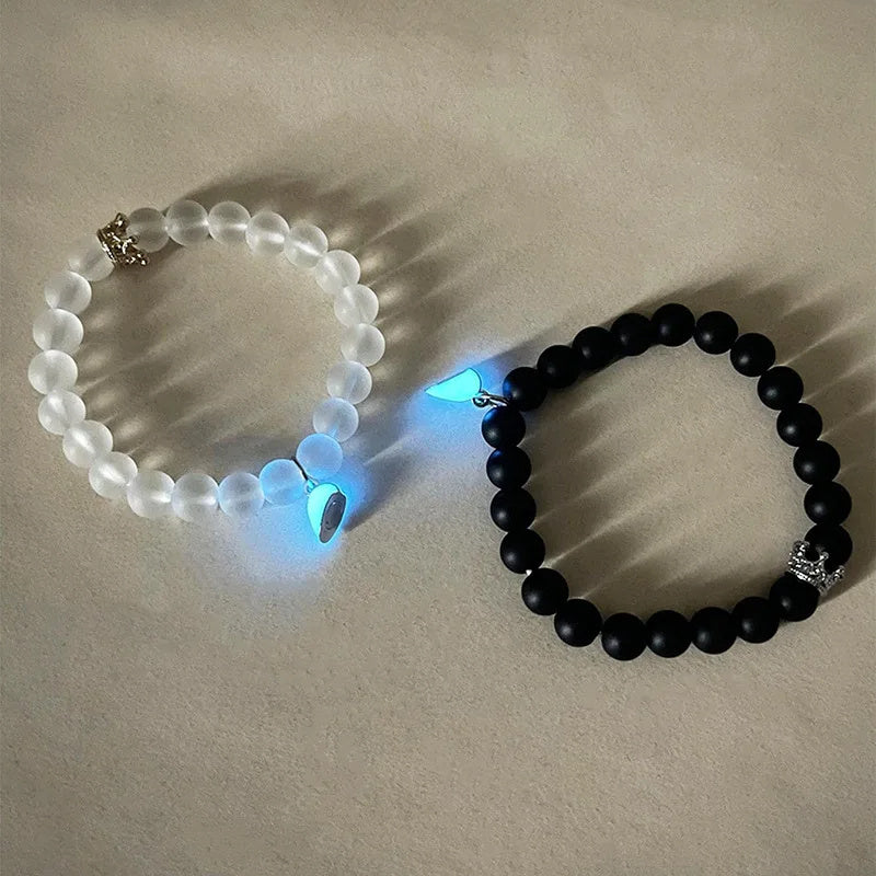 Glow-in-the-Dark Couple Bracelet – Handmade Crown & Heart Charms