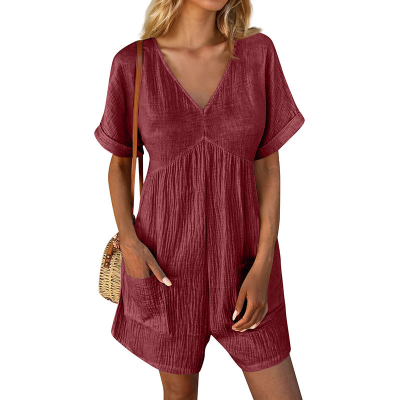 Women’s Summer V-Neck Short Sleeve Romper with Pockets