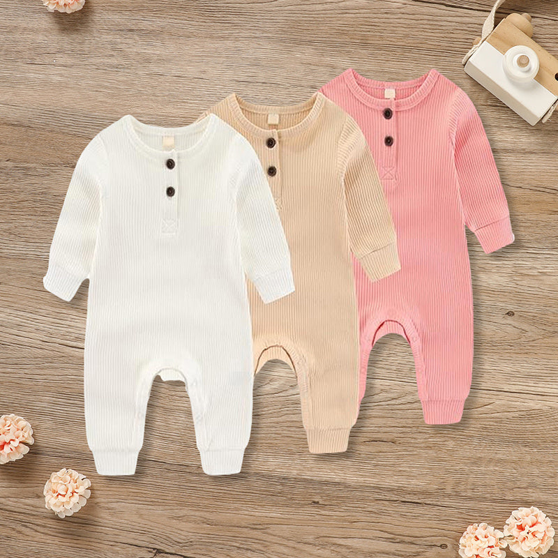 3-Pack Newborn Baby Long Sleeve Ribbed Rompers