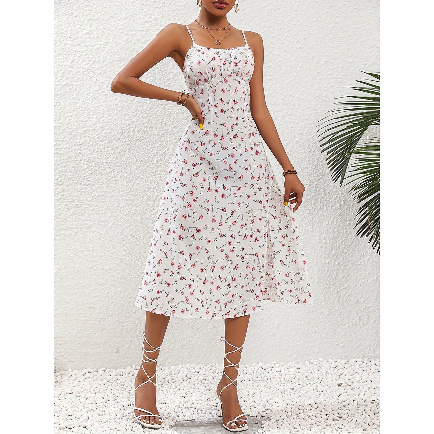 Women's Polka Dot Print Suspender Split Long Dress