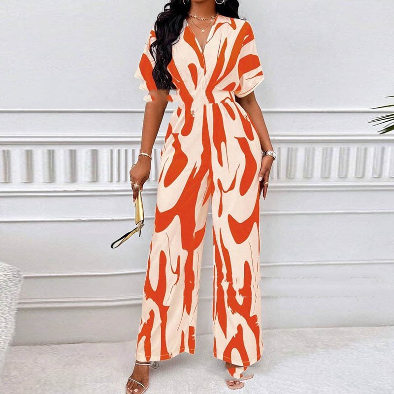 Women’s V-Neck Loose Printed Long Jumpsuit