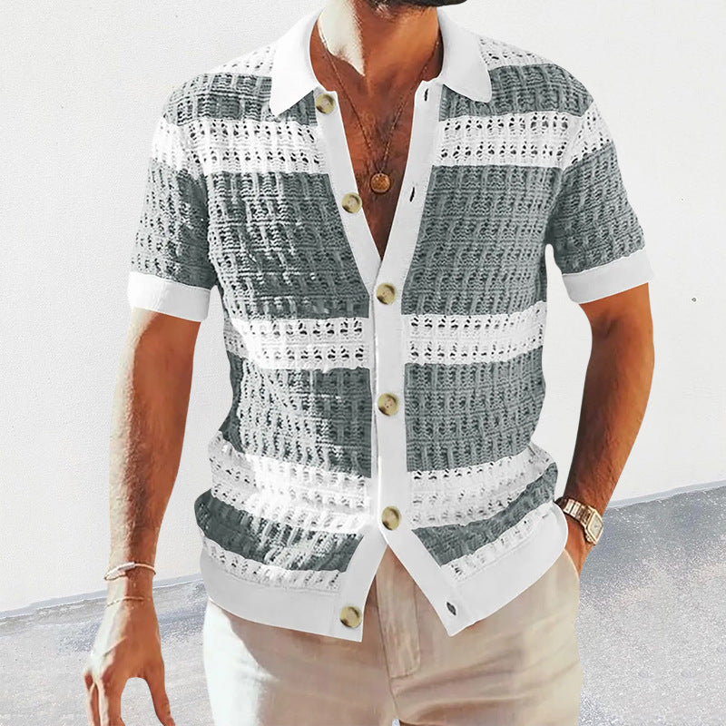 Men’s Summer Luxury Knitted Polo – Short Sleeve, Colored Hollow Breathable Cardigan Top