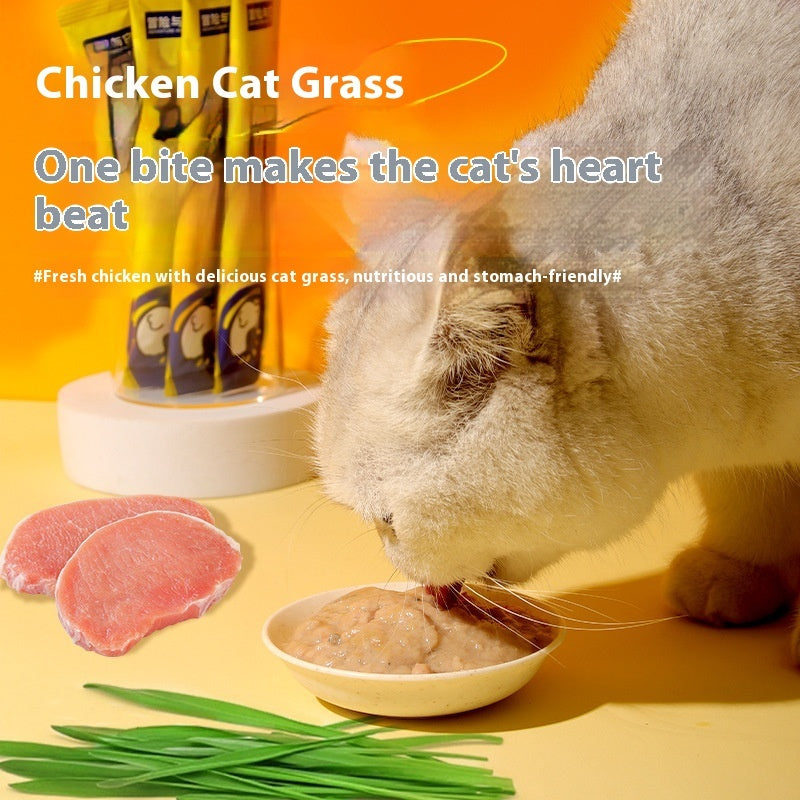 Cat Snack – Wet Food Chicken Strips with Grass, Healthy & Tasty Treats