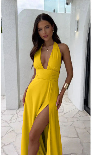 Women's Sexy Halterneck V-Neck Backless Slit Dress
