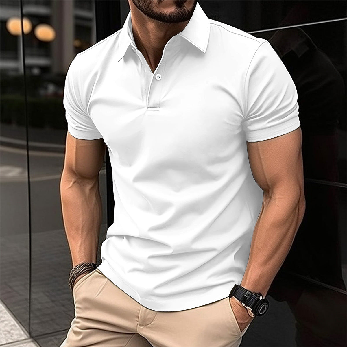 Men’s Summer Short Sleeve Polo Shirt – Solid Color Button-Down Lapel Top