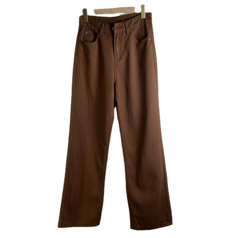 Women’s Retro Brown Solid Color Jeans
