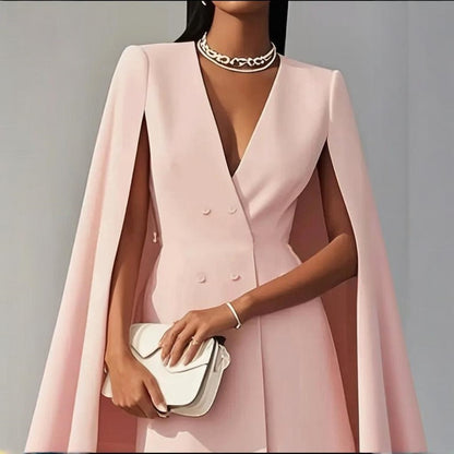 Women’s Elegant V-Neck Double-Breasted Cape Blazer Dress