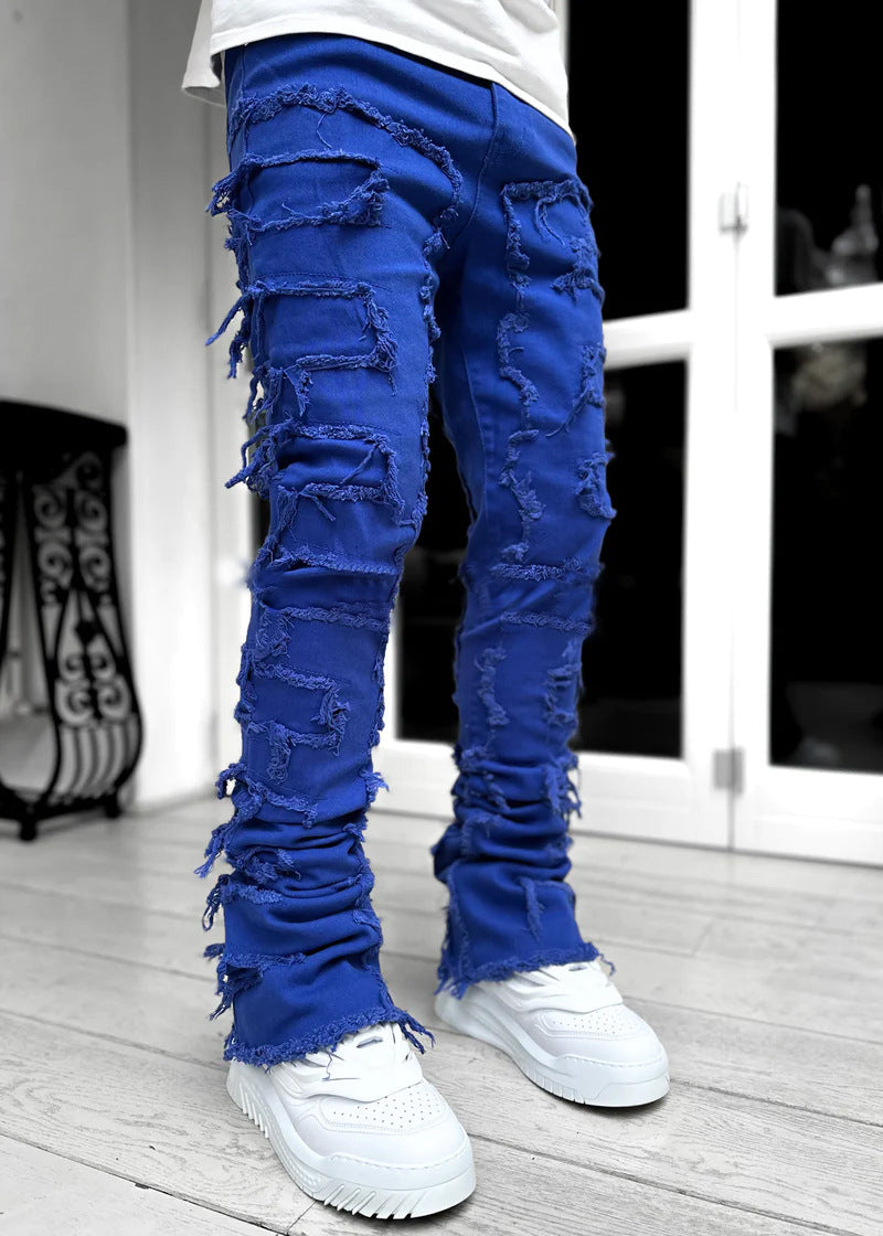 Men’s Stacked Jeans – Slim Fit Patched Denim Trousers