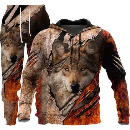 Men’s 3D Wolf Print Tracksuit – Hooded Jogging Set