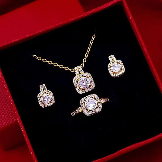 Zircon Pendant Necklace & Stud Earrings – Gold Jewelry Set