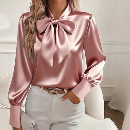 Women’s Satin Bow Blouse – Long Sleeve
