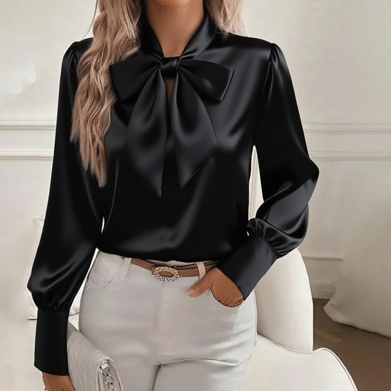 Women’s Satin Bow Blouse – Long Sleeve