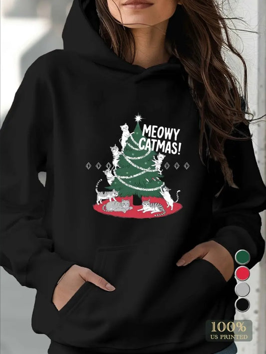 Women’s “Meowy Catmas” Christmas Cat Sweatshirt Hoodie