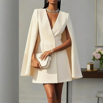 Women’s Elegant V-Neck Double-Breasted Cape Blazer Dress