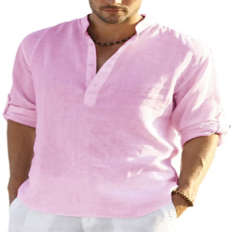 Men’s Cotton Linen Shirt – Casual Long Sleeve with Stand Collar