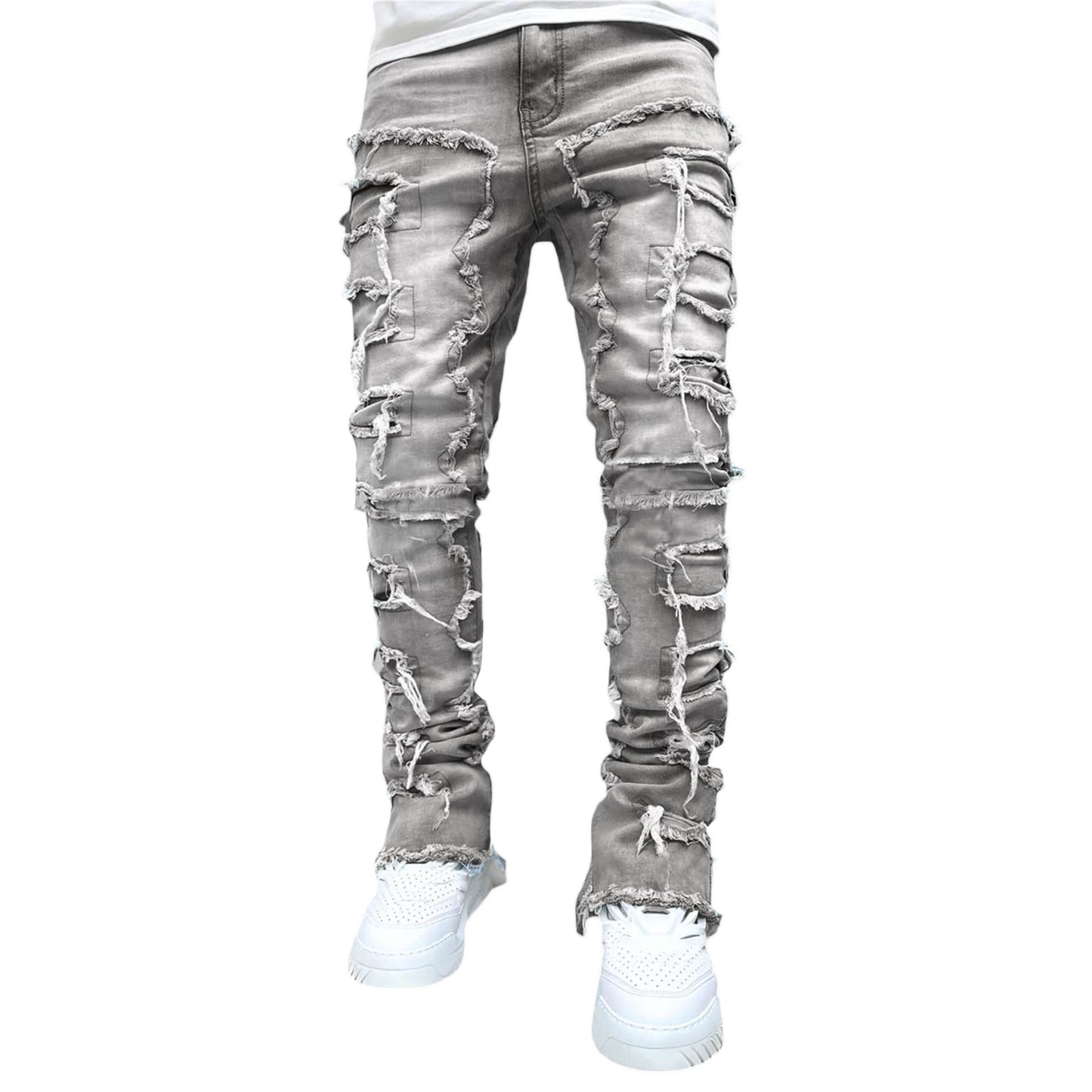 Men’s Stacked Jeans – Slim Fit Patched Denim Trousers