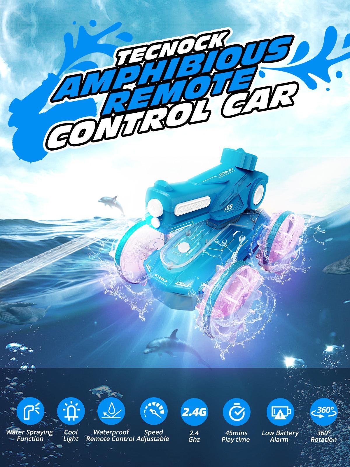 Children's All-terrain Amphibious Tank Remote Control Toy Car With Automatic Water Spray And Lighting Effects.