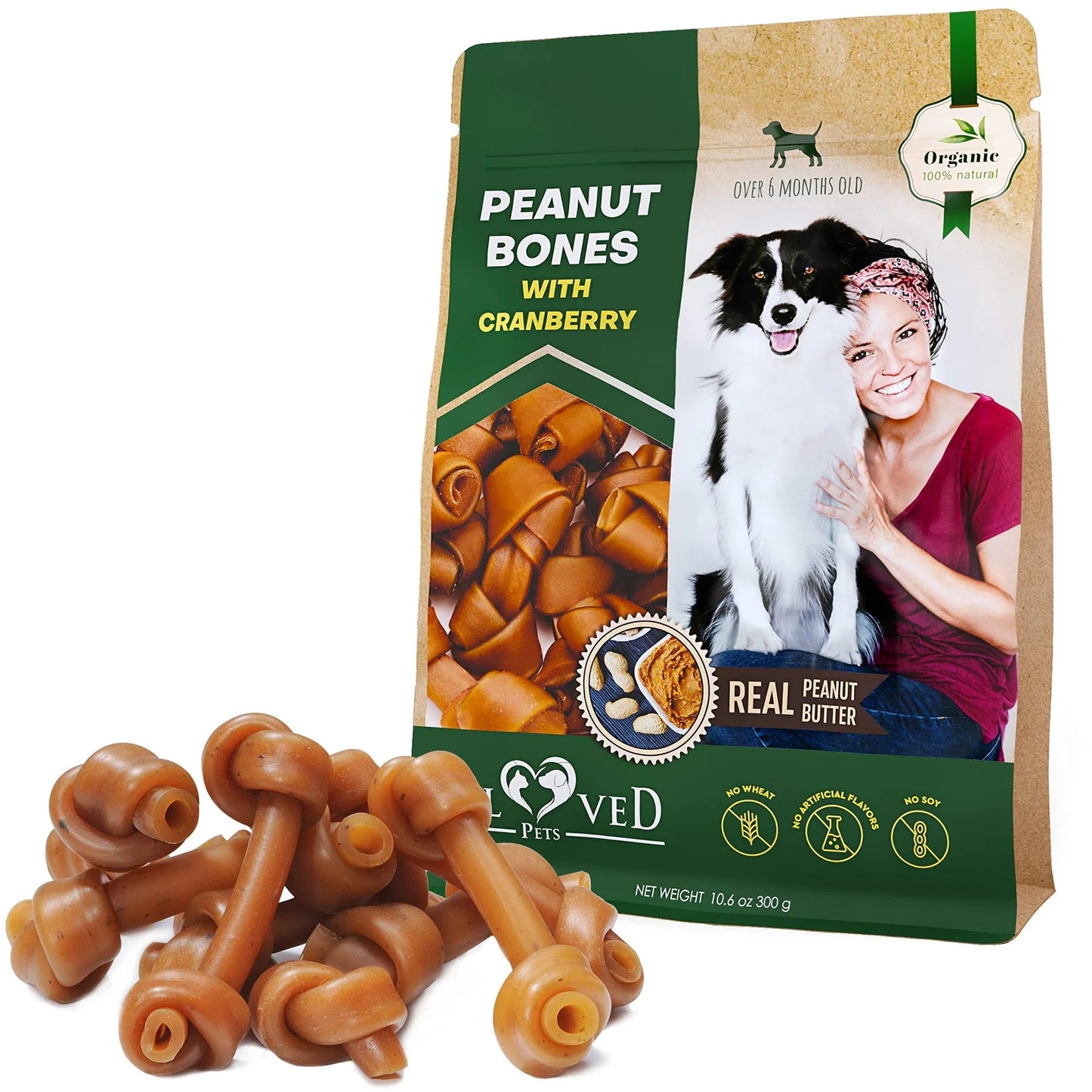 Dog Peanut Butter Bones with Cranberry – Rawhide-Free Chews, Organic Healthy Snacks for Small & Large Dogs