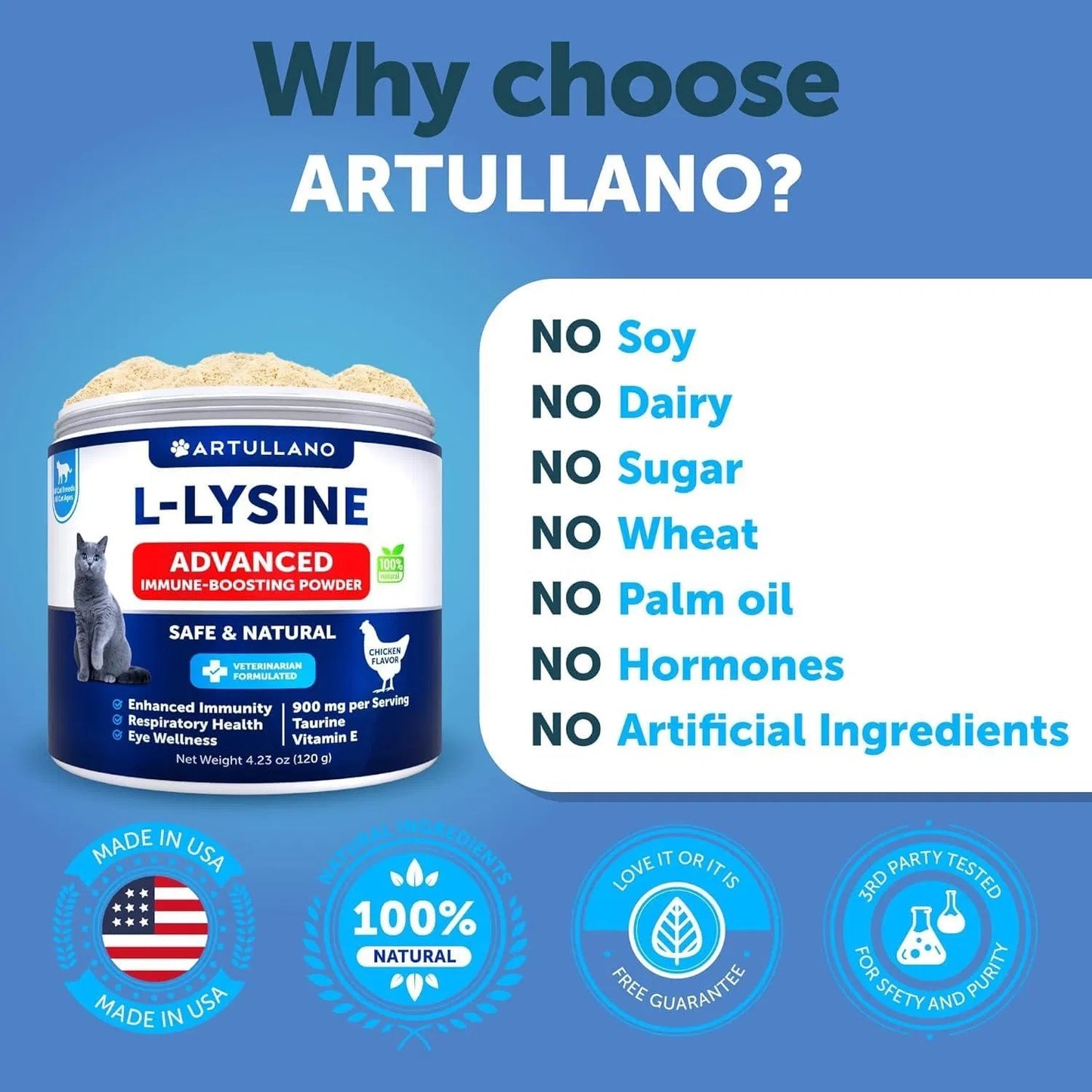 L-Lysine Powder for Cats – 900mg Immune Support Supplement for Respiratory & Eye Health with Taurine