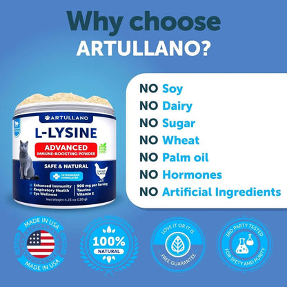 L-Lysine Powder for Cats – 900mg Immune Support Supplement for Respiratory & Eye Health with Taurine