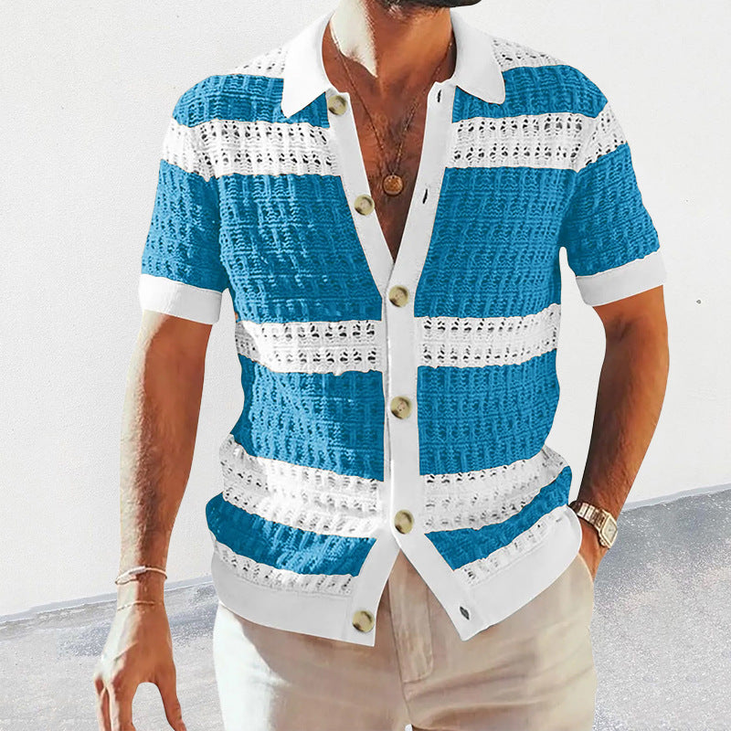 Men’s Summer Luxury Knitted Polo – Short Sleeve, Colored Hollow Breathable Cardigan Top