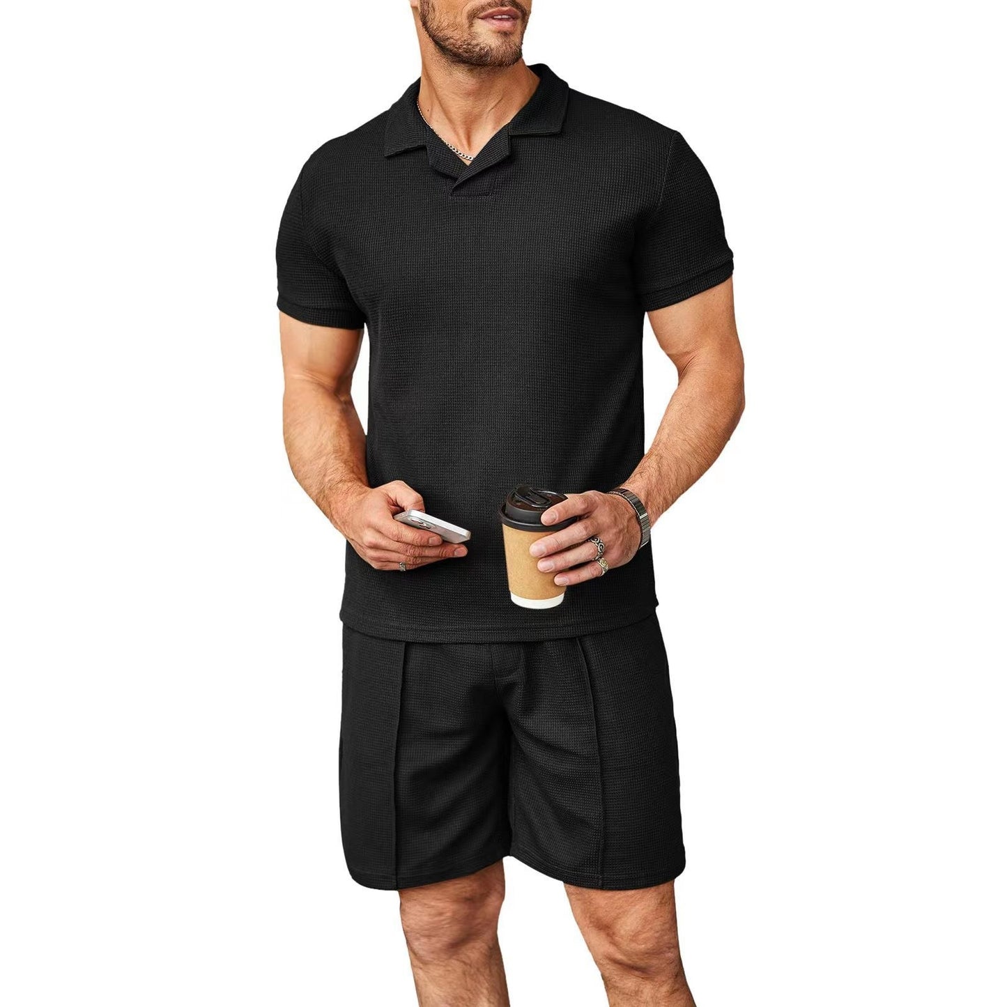 Men’s 2pcs Set V-Neck Polo & Shorts – Summer Casual