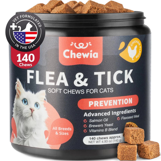 Cat Flea & Tick Chews – Daily Oral Soft Treats for All Breeds & Ages, Natural Chicken Flavor