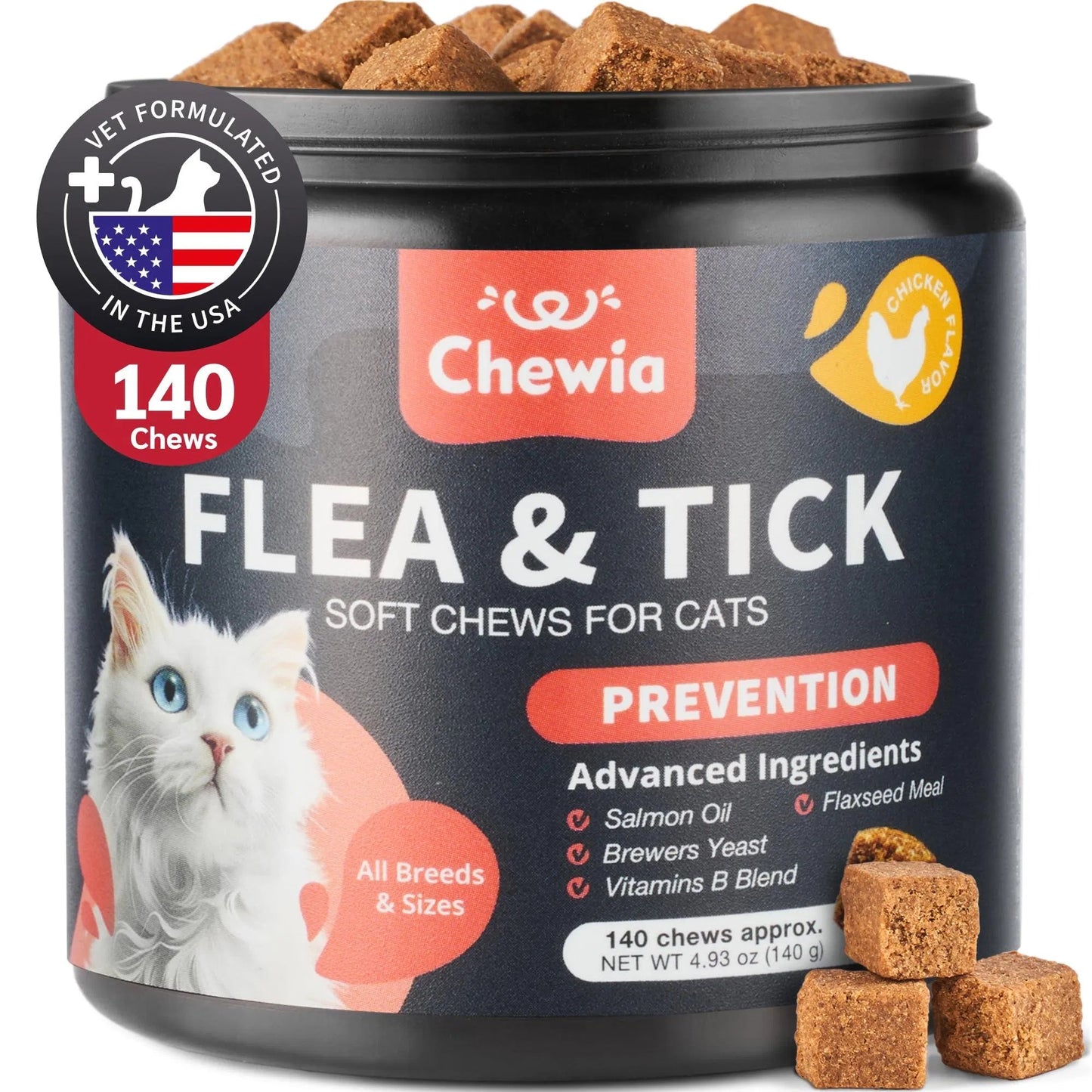 Cat Flea & Tick Chews – Daily Oral Soft Treats for All Breeds & Ages, Natural Chicken Flavor