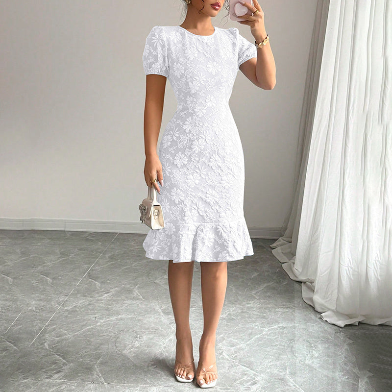 Women’s Floral Jacquard Puff Sleeve Bodycon Dress