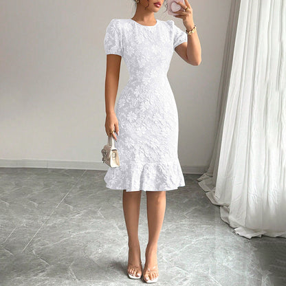 Women’s Floral Jacquard Puff Sleeve Bodycon Dress
