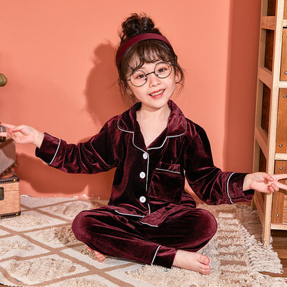 Children's Gold Velvet Pajama Set – Soft Solid Color Sleepwear