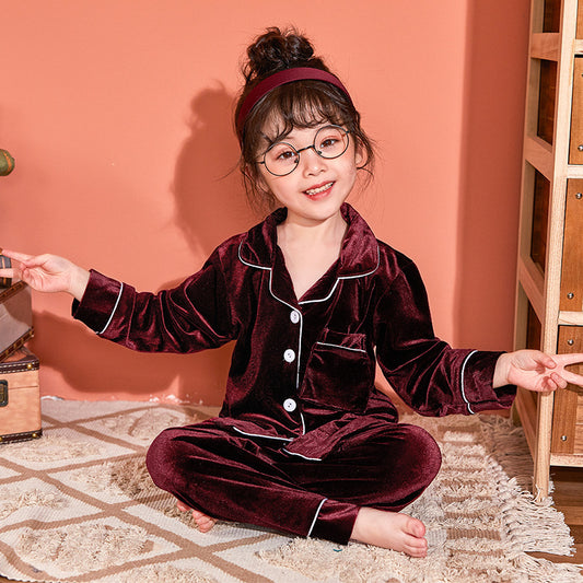 Children's Gold Velvet Pajama Set – Soft Solid Color Sleepwear