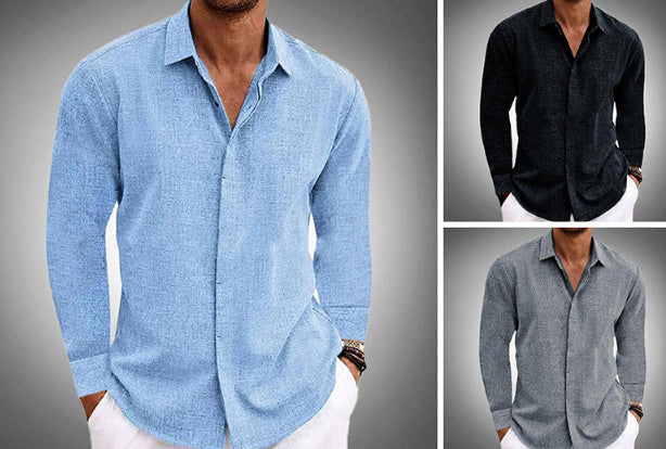 Men’s Long Sleeve Cotton Linen Undershirt Solid Color Shirt