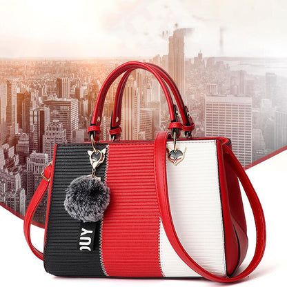 Women Patchwork Handbag with Hairball Ornament – Tote, Party & Crossbody Bag