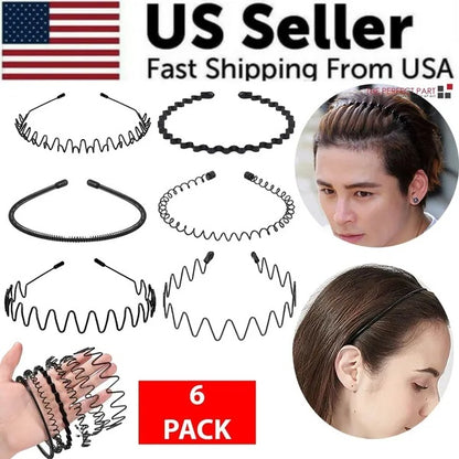 6Pcs Metal Wave Hair Headbands – Unisex Sports Hoop Bands with Comb