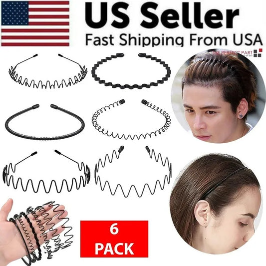6Pcs Metal Wave Hair Headbands – Unisex Sports Hoop Bands with Comb