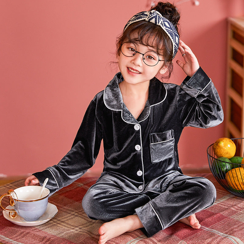 Children's Gold Velvet Pajama Set – Soft Solid Color Sleepwear