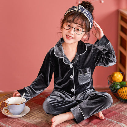 Children's Gold Velvet Pajama Set – Soft Solid Color Sleepwear
