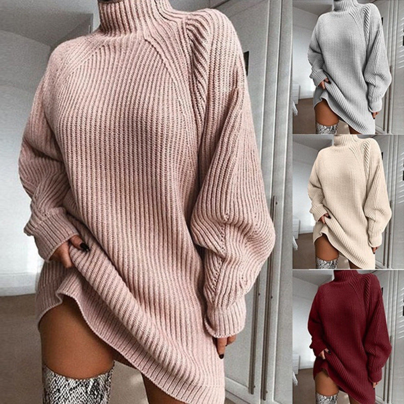 Women's Turtleneck Sweater Dress – Long Warm Winter Knit Dress