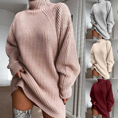 Women's Turtleneck Sweater Dress – Long Warm Winter Knit Dress