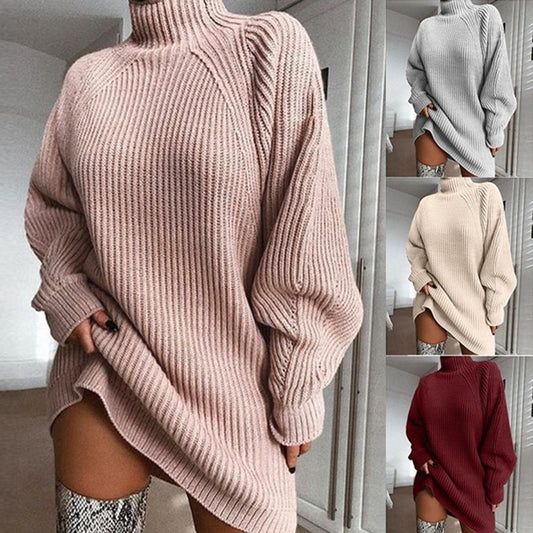 Women's Turtleneck Sweater Dress – Long Warm Winter Knit Dress