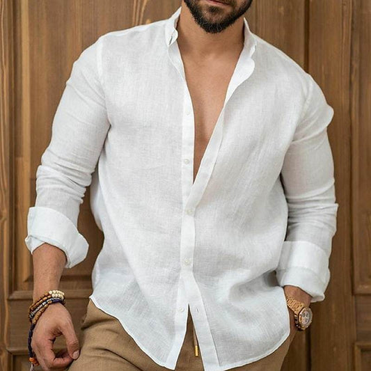 Men’s Linen Button-Up Shirt Summer Beach Solid Color