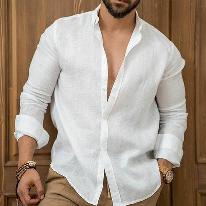 Men’s Linen Button-Up Shirt Summer Beach Solid Color
