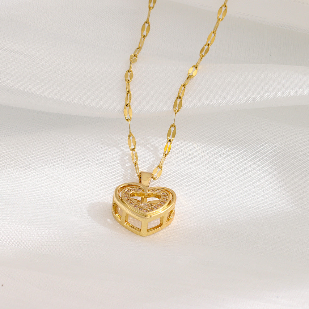 Double Layer Heart Pendant Necklace for Women – Rhinestone Titanium Steel Jewelry Gift