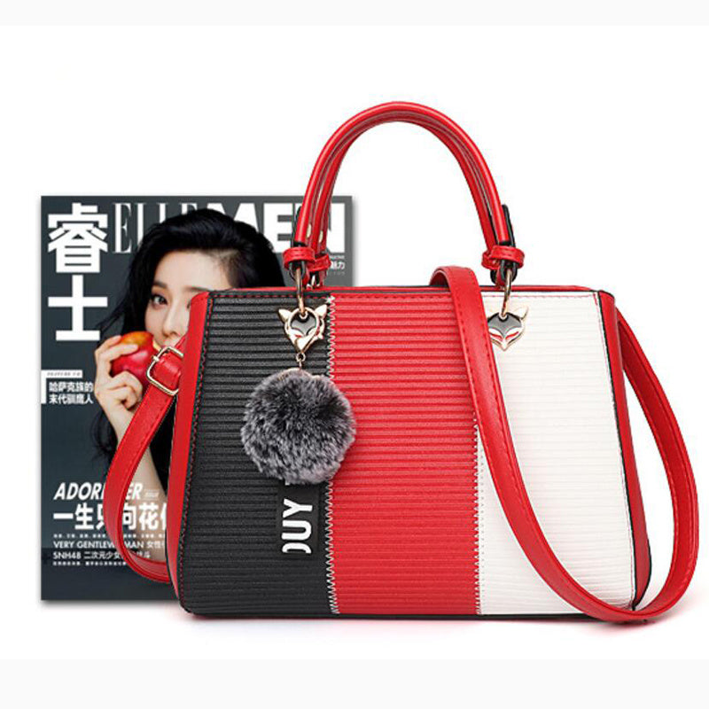 Women Patchwork Handbag with Hairball Ornament – Tote, Party & Crossbody Bag
